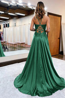 Load image into Gallery viewer, Peacock Green A-Line Spaghetti Straps Long Prom Dress with Slit