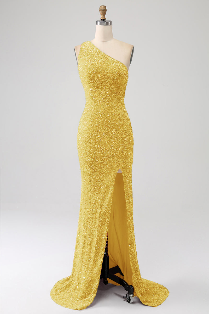 Load image into Gallery viewer, Glitter Black Mermaid One Shoulder Sequins Prom Dress With Slit