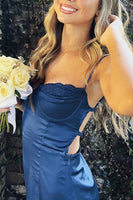 Load image into Gallery viewer, Navy Bodycon Spaghetti Straps Backless Mini Birthday Dress with Lace