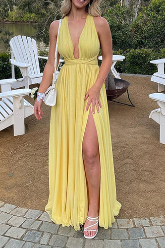 Yellow A Line Pleated Deep V-Neck Chiffon Long Prom Dress with Slit