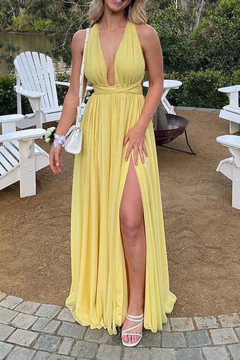 Yellow A Line Pleated Deep V-Neck Chiffon Long Prom Dress with Slit