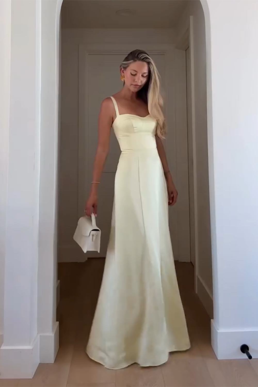 Yellow Satin Corset Spaghetti Straps Sheath Maxi Dress
