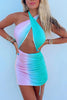 Load image into Gallery viewer, Blue and Pink Bodycon Halter Keyhole Ruched Mini Birthday Dress