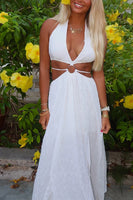 Load image into Gallery viewer, White Sheath Halter Cut Out Boho Maxi Prom Dress with Slit