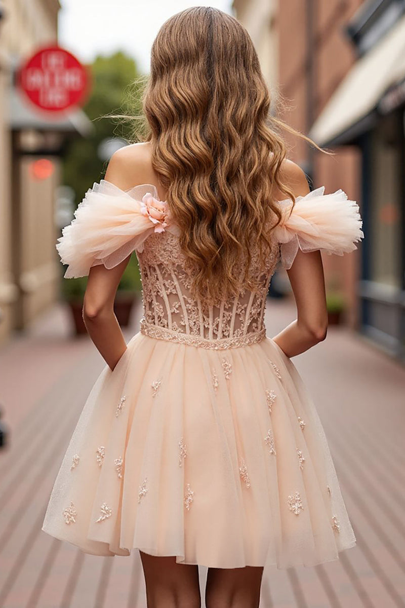 Load image into Gallery viewer, Champagne Floral Ruffled Corset Short Prom Dress with Lace
