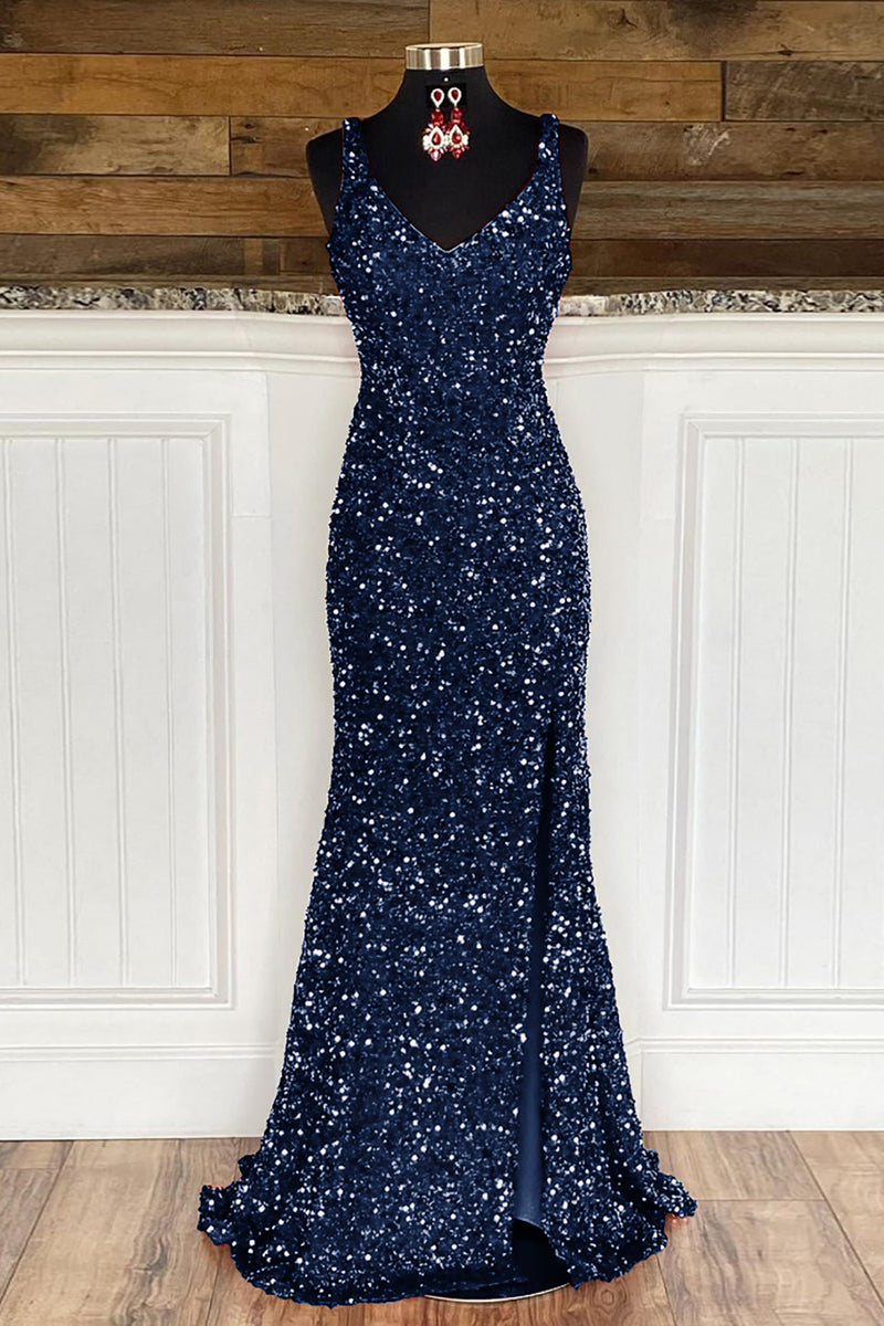 Load image into Gallery viewer, Sheath Spaghetti Straps Sky Blue Sequins Prom Dress with Split Front