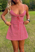 Load image into Gallery viewer, Red Spaghetti Straps Plaid A-Line Mini Birthday Dress with Bow