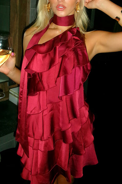 Burgundy One Shoulder Neck Scarf Bodycon Mini Birthday Dress with Ruffles