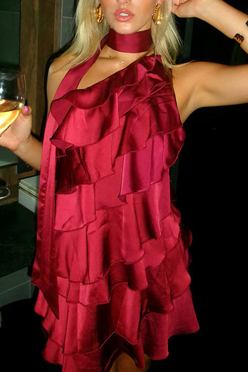 Burgundy One Shoulder Neck Scarf Bodycon Mini Birthday Dress with Ruffles