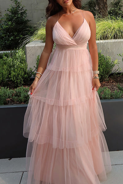 Blush Tulle Halter A Line Tiered Maxi Formal Dress with Ruffles