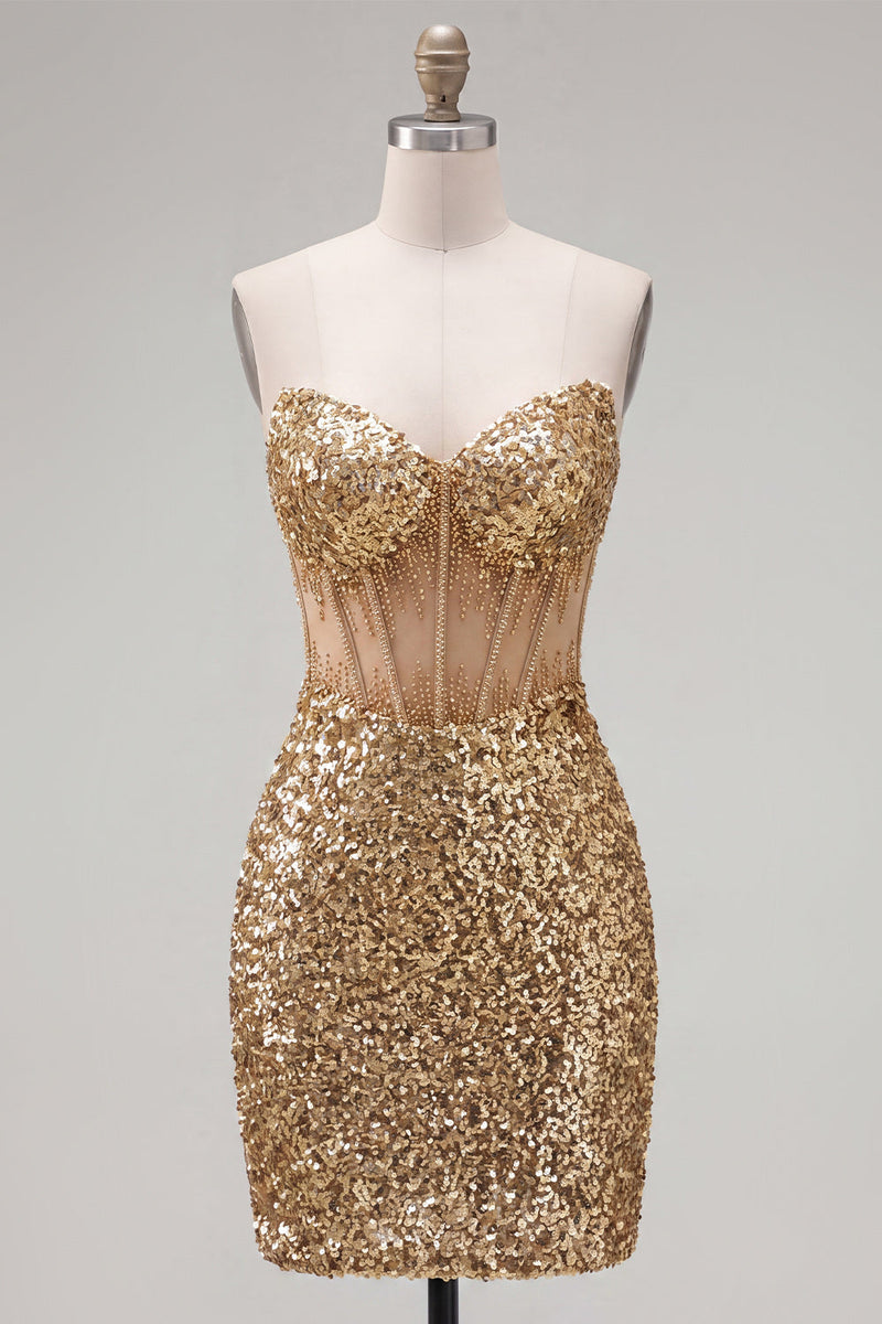 Load image into Gallery viewer, Sparkly Sequin Golden Corset Tight Short Cocktail Dress