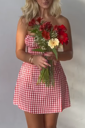 Red A Line Strapless Plaid Mini Birthday Dress