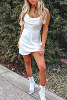 Load image into Gallery viewer, Simple White Satin Bodycon Cowl Neck Short Birthday Dress with Sash