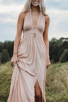 Load image into Gallery viewer, Light Pink Halter Sheath Maxi Wedding Guest Dress with Slit