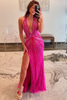 Load image into Gallery viewer, Glitter Fuchsia Halter Neck Beaded Mermaid Long Prom Dress with Slit