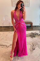Load image into Gallery viewer, Glitter Fuchsia Halter Neck Beaded Mermaid Long Prom Dress with Slit