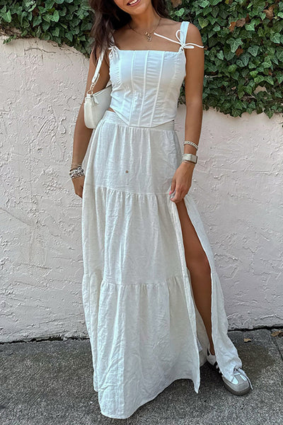 White A Line Cut Out Maxi Corset Formal Dress with Slit