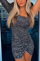 Load image into Gallery viewer, Sparkly Black One Shoulder Sequins Bodycon Short Birthday Dress with Sleeves