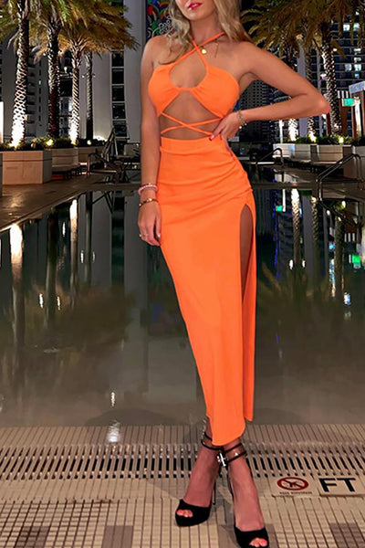Orange Sheath Halter Cut Out Maxi Prom Dress with Slit
