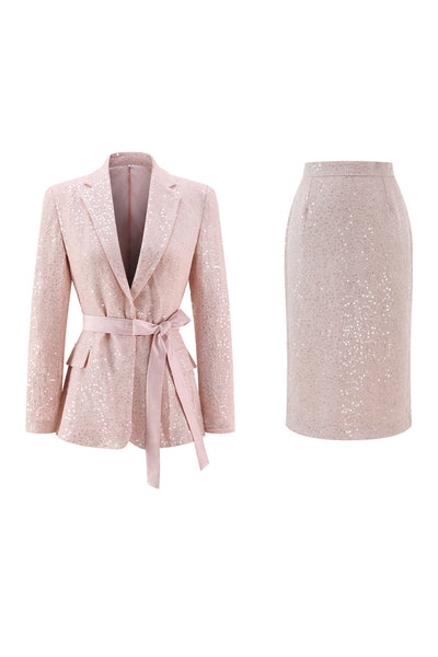 2 Piece Sparkly Pink Sequin Pencil Midi Prom Suits with Sash