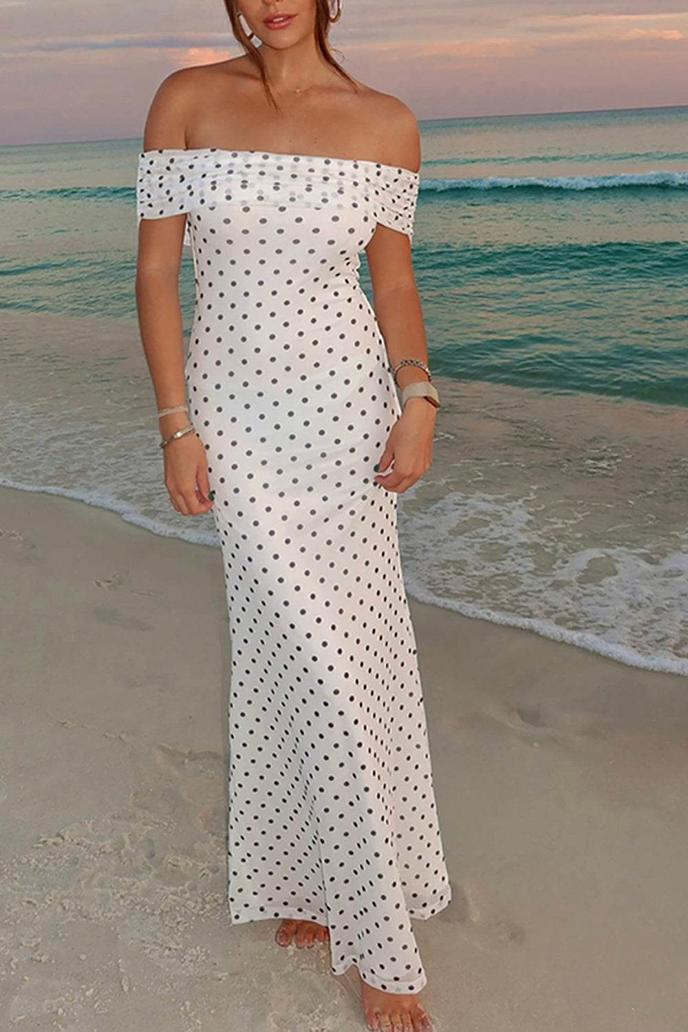 Black and White Dots Sheath Off the Shoulder Maxi Formal Dress