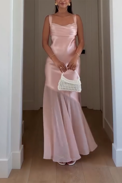 Pink Sheath Satin Square Neck Backless Maxi Formal Dress