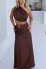 Load image into Gallery viewer, Brown Satin One Shoulder Sheath Ruched Long Wedding Guest Dress