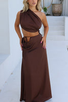 Load image into Gallery viewer, Brown Satin One Shoulder Sheath Ruched Long Wedding Guest Dress