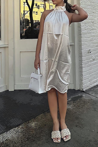 Simple White Halter Satin Midi Cocktail Dress