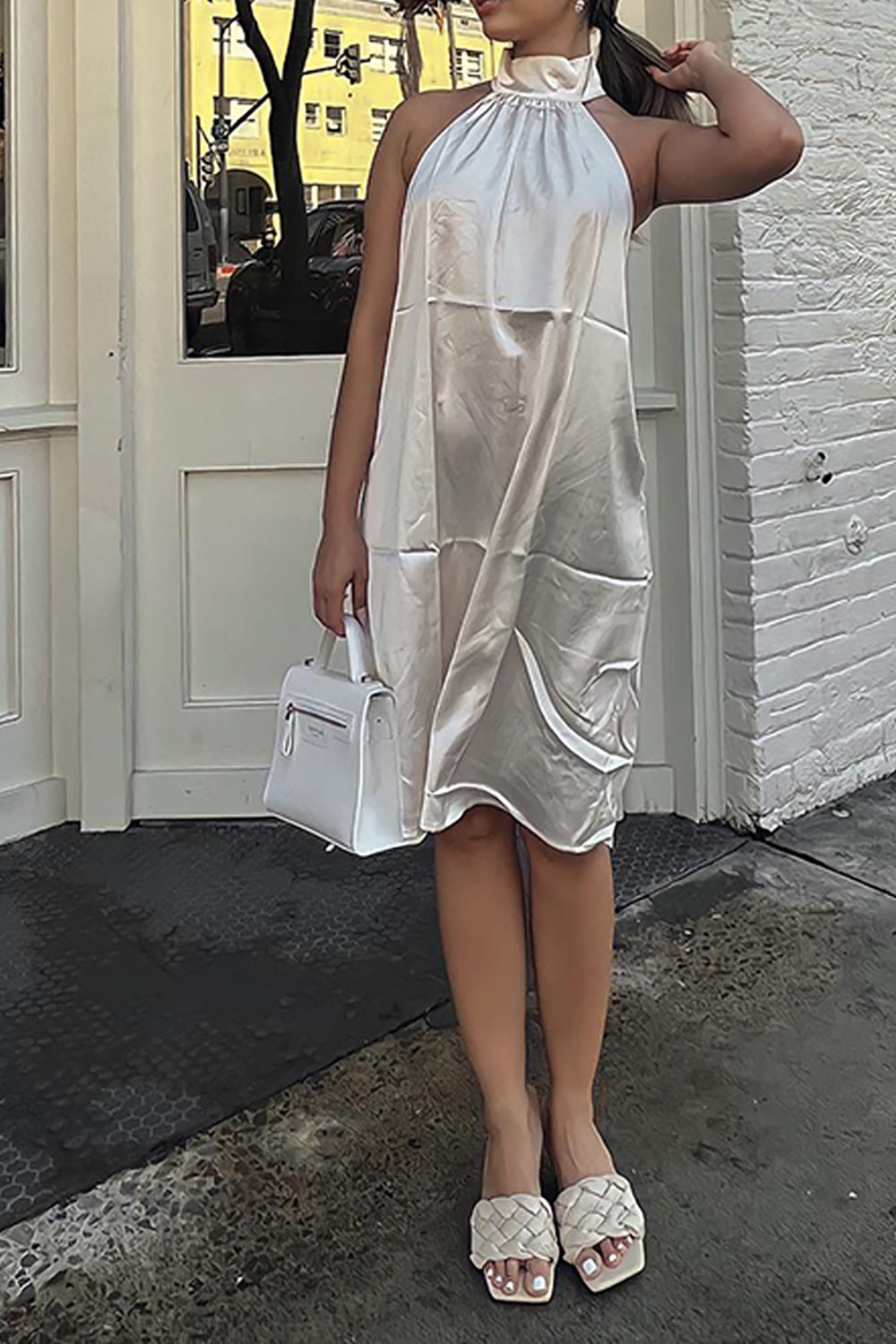 Simple White Halter Satin Midi Cocktail Dress