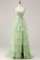 Load image into Gallery viewer, Sparkly Green Beaded Floral Long Corset Prom Dress with Ruffles