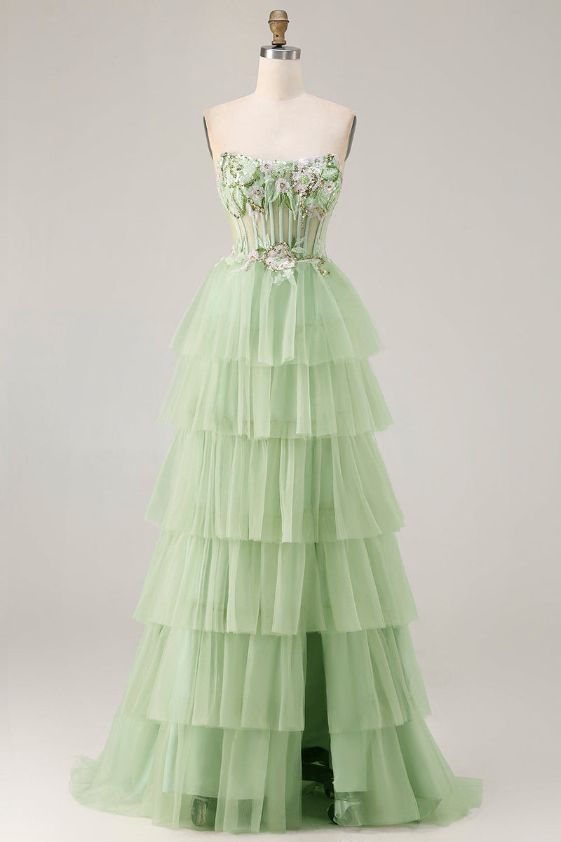 Load image into Gallery viewer, Sparkly Green Beaded Floral Long Corset Prom Dress with Ruffles