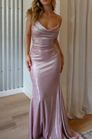 Load image into Gallery viewer, Glitter Pink Halter Ruched Mermaid Long Formal Dress