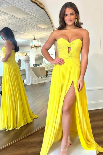 Fuchsia A Line Sweetheart Keyhole Long Pleated Prom Dress with Slit