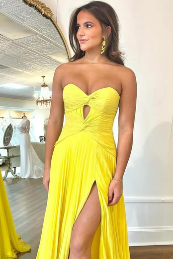 Fuchsia A Line Sweetheart Keyhole Long Pleated Prom Dress with Slit