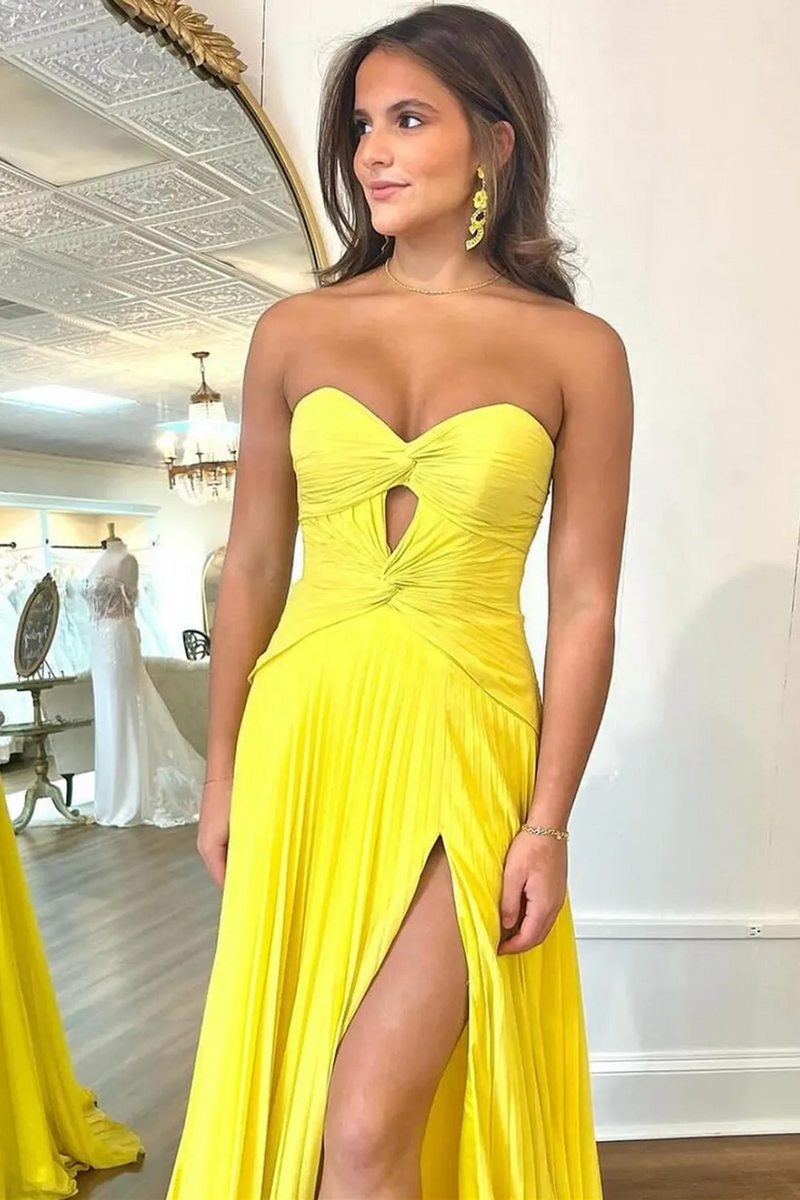 Load image into Gallery viewer, Fuchsia A Line Sweetheart Keyhole Long Pleated Prom Dress with Slit