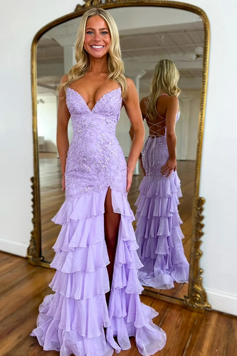 Sparkly Lilac Lace Appliques Tiered Long Chiffon Prom Dress with Slit