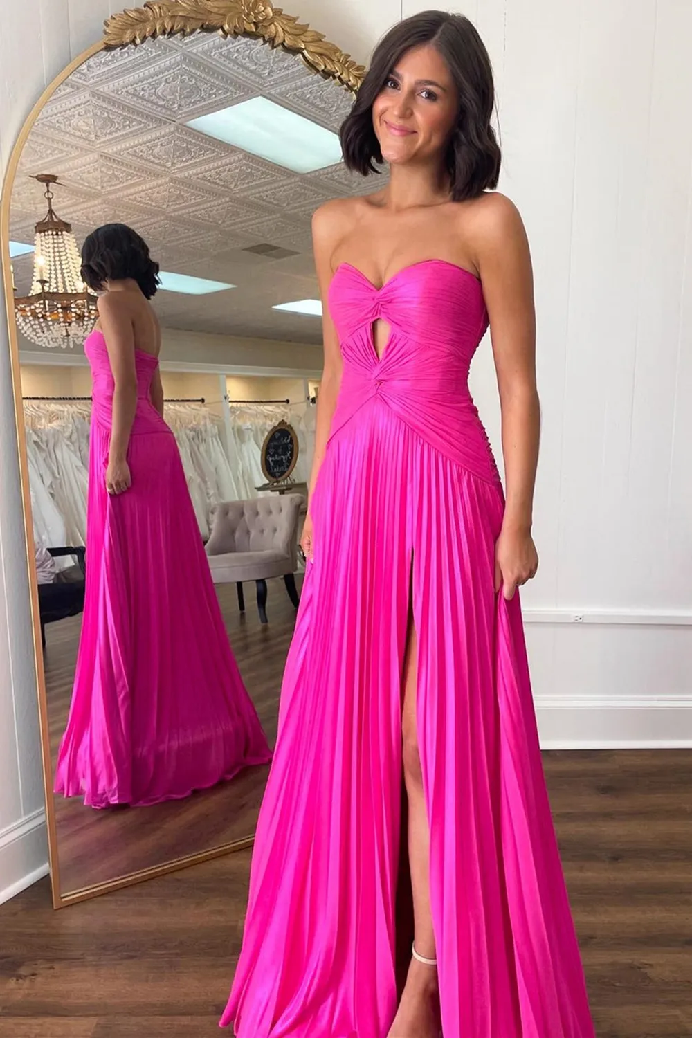 Fuchsia A Line Sweetheart Keyhole Long Pleated Prom Dress with Slit