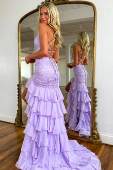 Sparkly Lilac Lace Appliques Tiered Long Chiffon Prom Dress with Slit