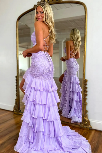 Sparkly Lilac Lace Appliques Tiered Long Chiffon Prom Dress with Slit