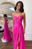 Load image into Gallery viewer, Fuchsia A Line Sweetheart Keyhole Long Pleated Prom Dress with Slit
