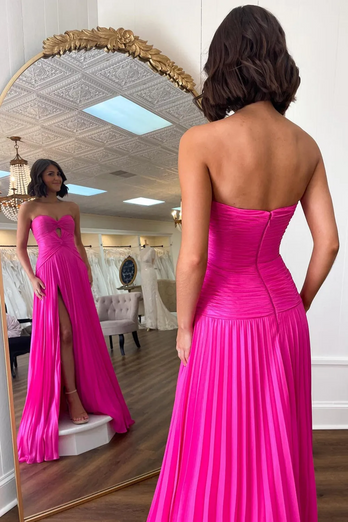 Fuchsia A Line Sweetheart Keyhole Long Pleated Prom Dress with Slit
