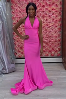 Load image into Gallery viewer, Orange Mermaid Halter Satin Prom Dress