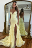 Load image into Gallery viewer, Sparkly Lilac Lace Appliques Tiered Long Chiffon Prom Dress with Slit