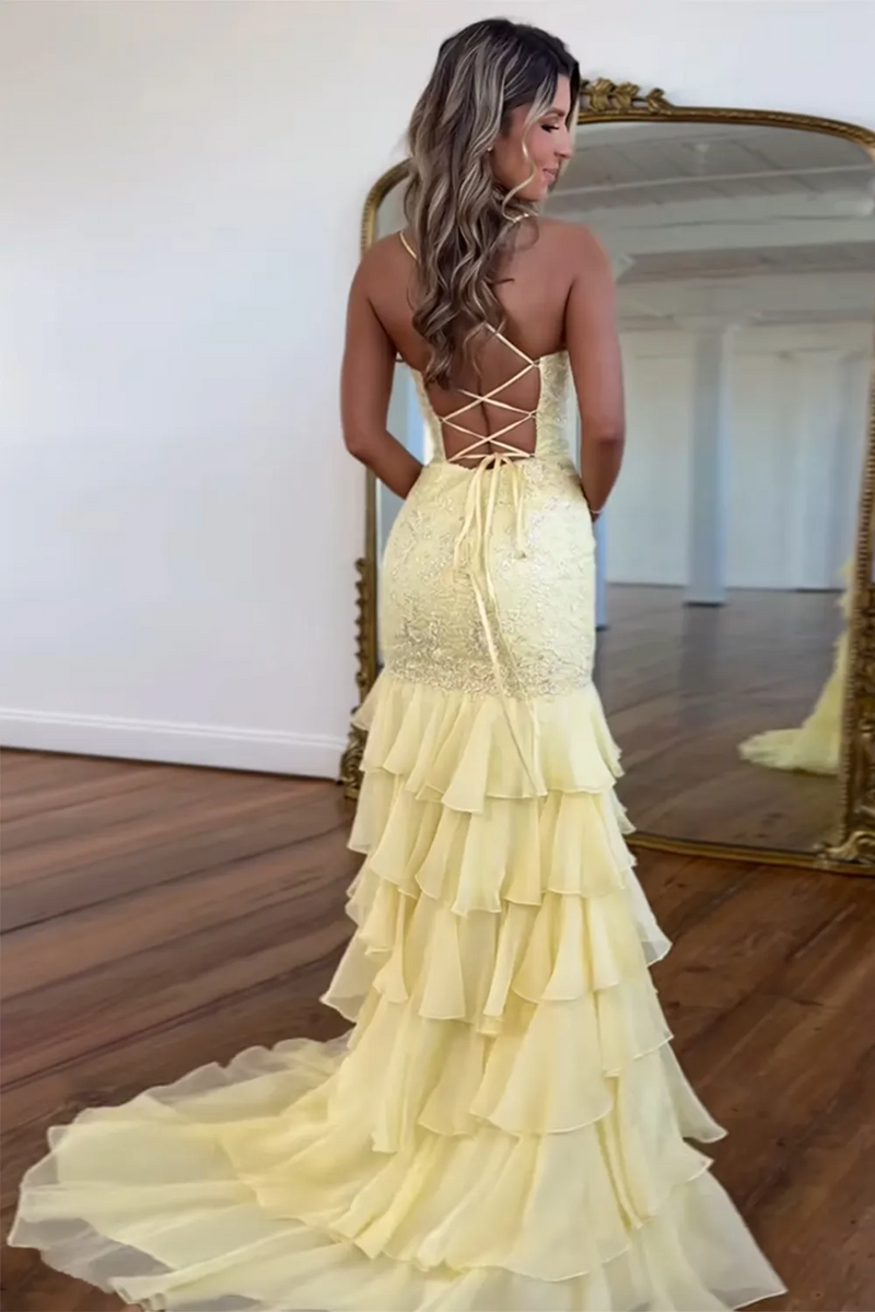 Load image into Gallery viewer, Sparkly Lilac Lace Appliques Tiered Long Chiffon Prom Dress with Slit