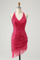 Load image into Gallery viewer, Glitter Fuchsia Sequins Halter Tight Short Prom Dress with Tassels