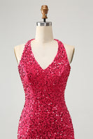 Load image into Gallery viewer, Glitter Fuchsia Sequins Halter Tight Short Prom Dress with Tassels