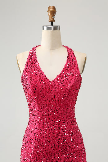 Glitter Fuchsia Sequins Halter Tight Short Prom Dress with Tassels