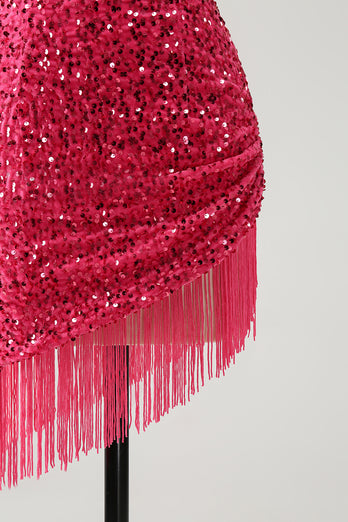 Glitter Fuchsia Sequins Halter Tight Short Prom Dress with Tassels