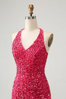 Load image into Gallery viewer, Glitter Fuchsia Sequins Halter Tight Short Prom Dress with Tassels